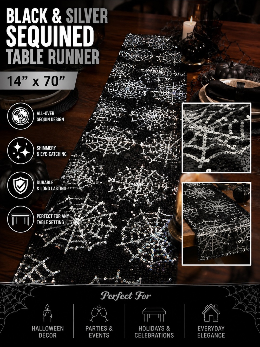 Black & Silver Sequined Spider Web Table Runner - Holiday & Party Accent